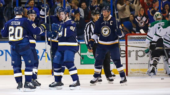 Blues rally to beat Stars 3-2 in nine-round shootout