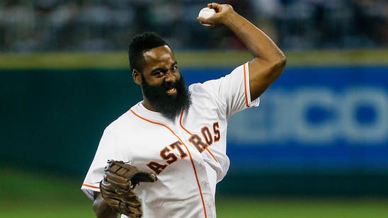 Rockets' Harden throws first pitch at Angels vs. Astros game, meets Trout