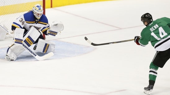 Blues win 5-4 in OT to pull into tie with Stars atop West