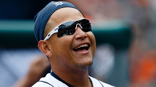 Miguel Cabrera shows off new walking boot while watching Tigers game on TV