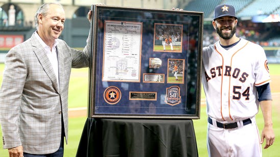 Astros owner Crane presents Fiers with gifts recognizing no-hitter