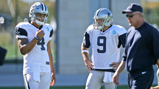 Dak Prescott reacts to Tony Romo's emotional speech passing the torch to him