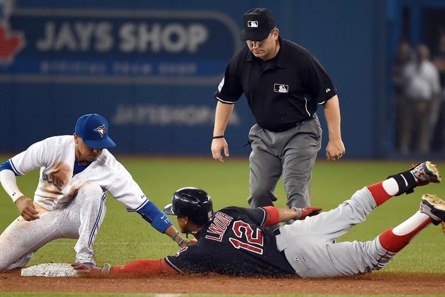 Francisco Lindor, Cleveland Indians belt Los Angeles Angels 