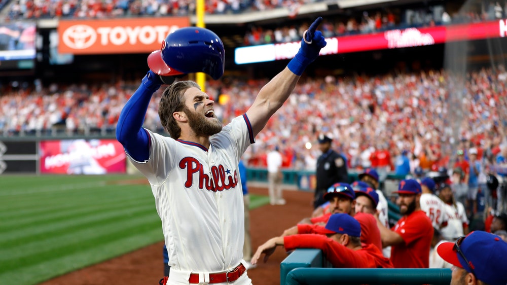 Harper homers deep for 1st Phils hit, 8-6 win over Braves