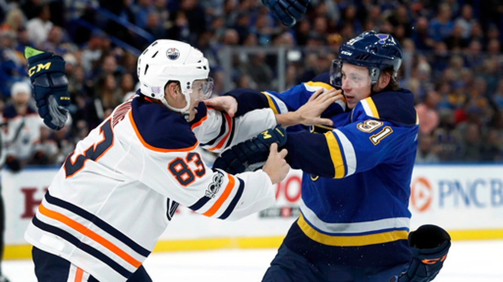 Tarasenko nets 2, gets in rare fight as Blues top Oilers 8-3