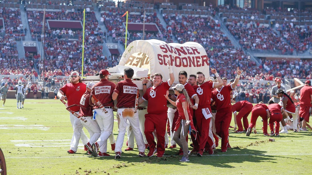 Oklahoma's Sooner Schooner tips over on field; no injuries