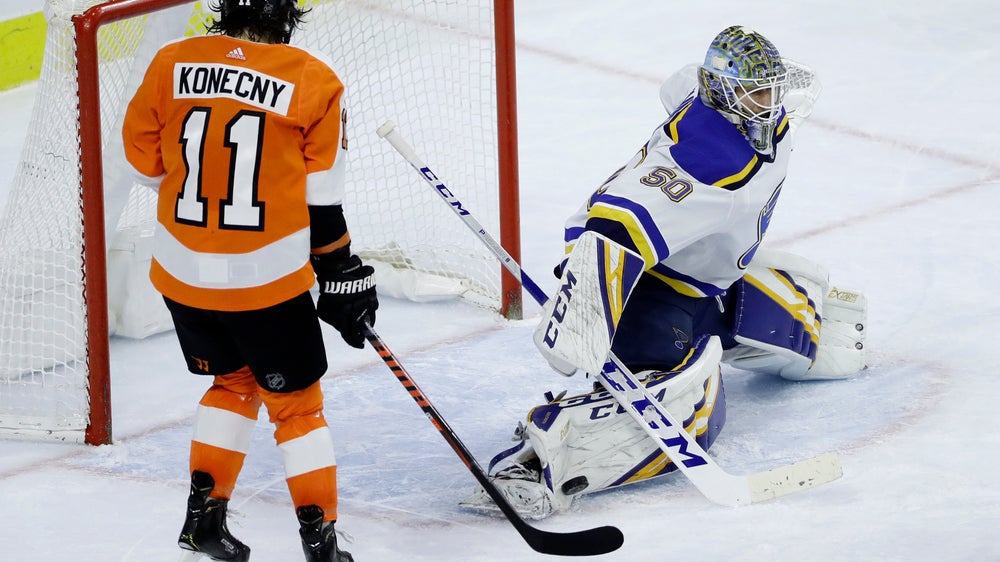 Binnington gets shutout in 1st start, Blues beat Flyers 3-0