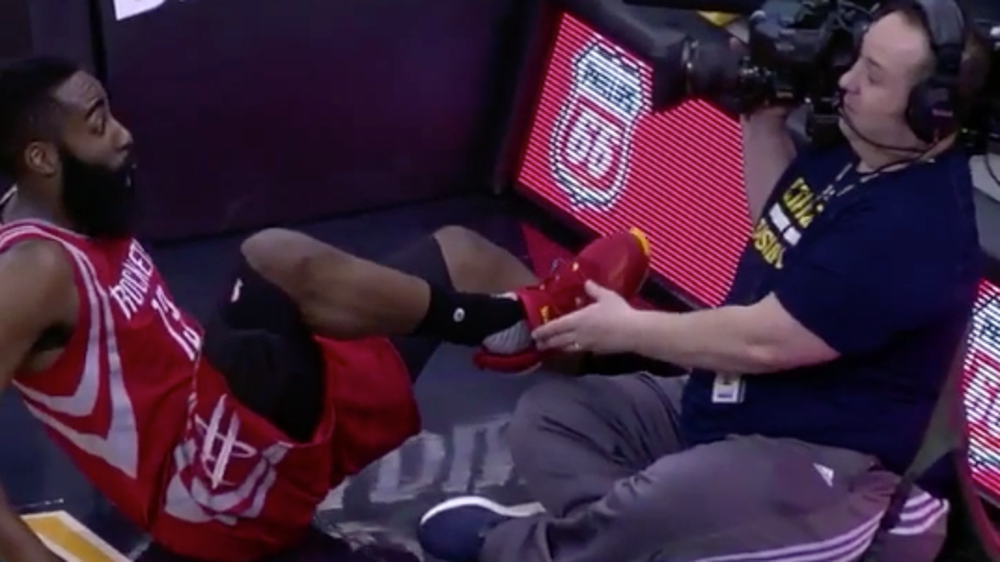 James Harden gets dangerously close to kicking a cameraman in the cojones
