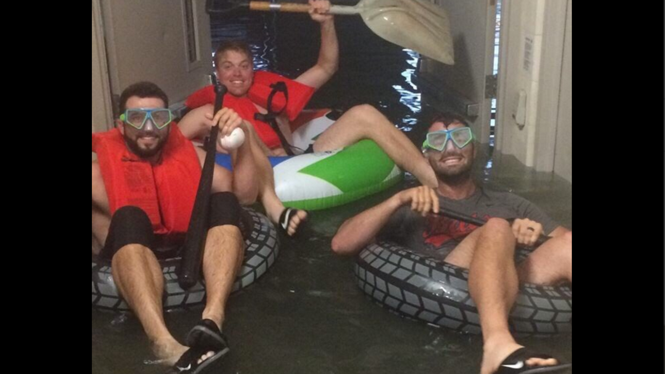 Louisville Bats take batting practice...on a raft