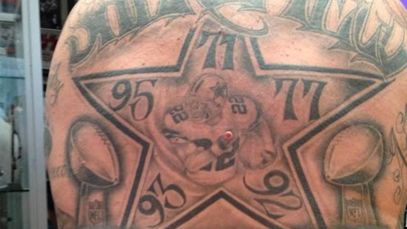Man has entire back covered in Cowboys tattoos