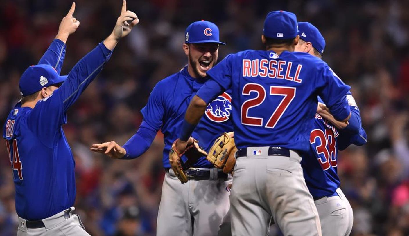 Chicago Cubs third baseman Kris Bryant (17) celebrates with Jorge Soler  after hitting a two-run home run against the St. Louis Cardinals in the  fifth inning of game 3 of the National