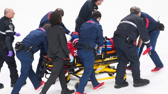 Canadiens F Danault hit in head by Chara slap shot
