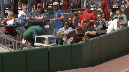 Fan fishes foul ball out of trash can, for some reason