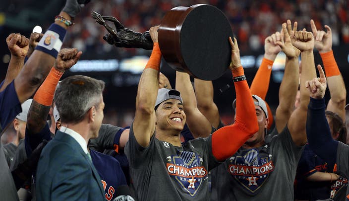 A photo of Corey Seager with the Willie Mays World Series MVP