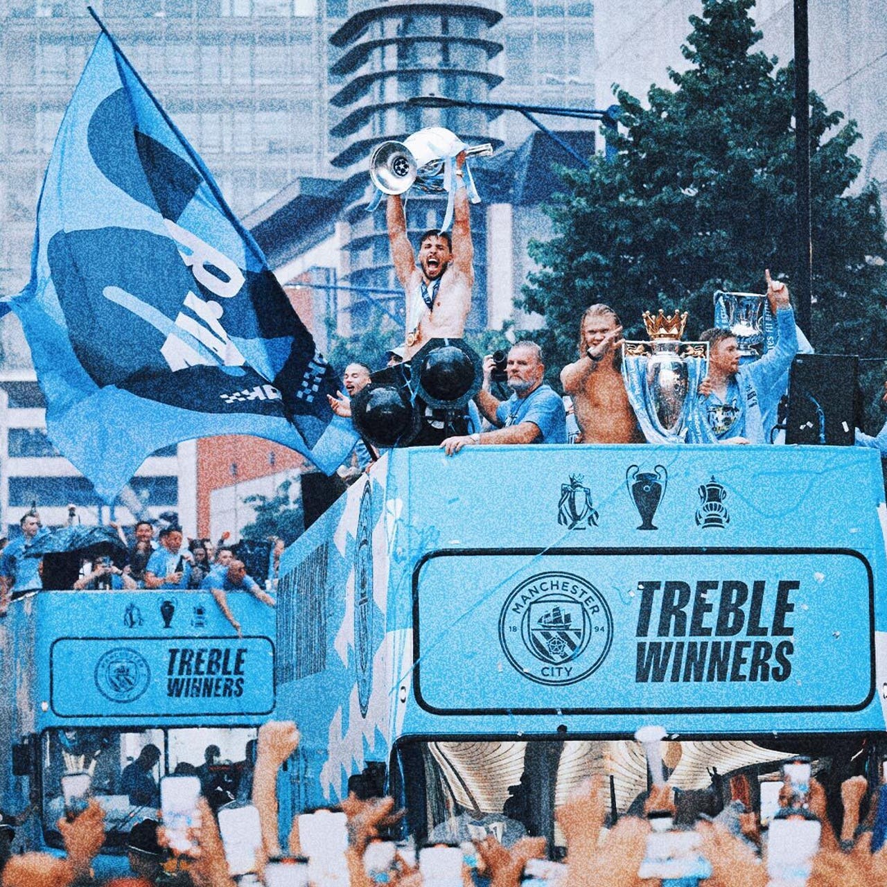 Manchester City celebrates winning treble of major trophies with
