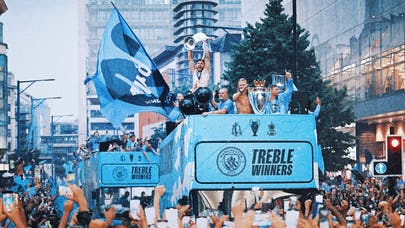 Manchester City celebrates winning treble of major trophies with