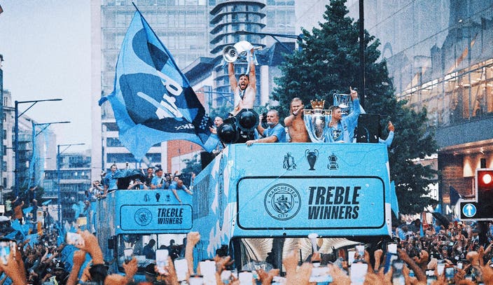 Manchester City celebrates winning treble of major trophies with