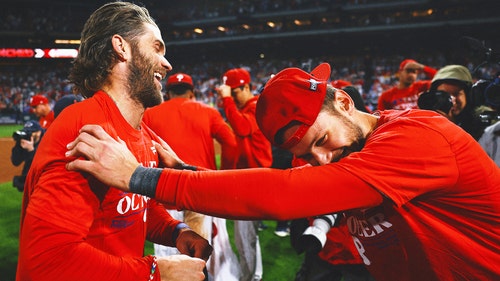 MLB Trending Image: Bryce Harper sports Allen Iverson, Trea Turner shirts before Phillies playoff opener