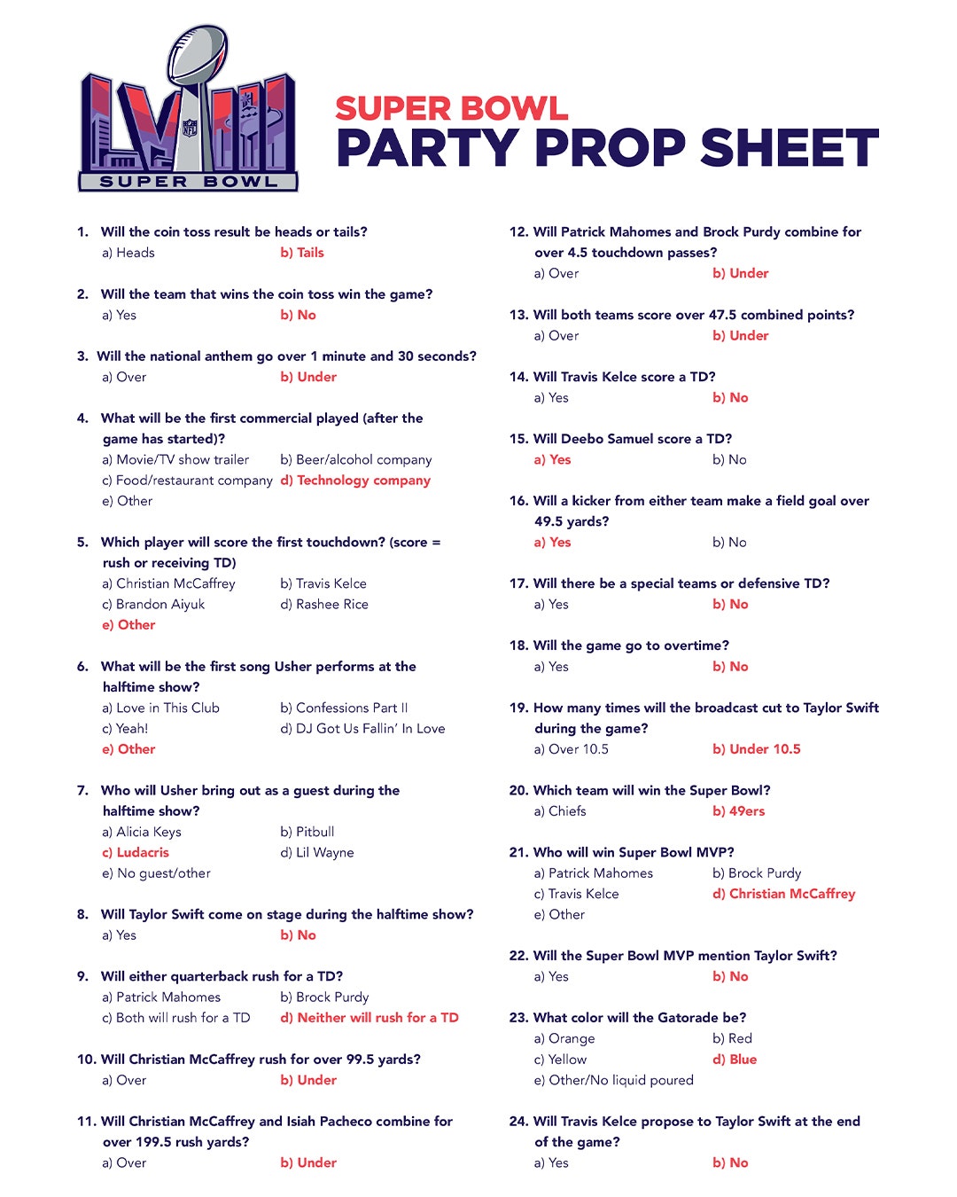 Printable Super Bowl 58 Props Sheet Download the 2024 PDF & Play at