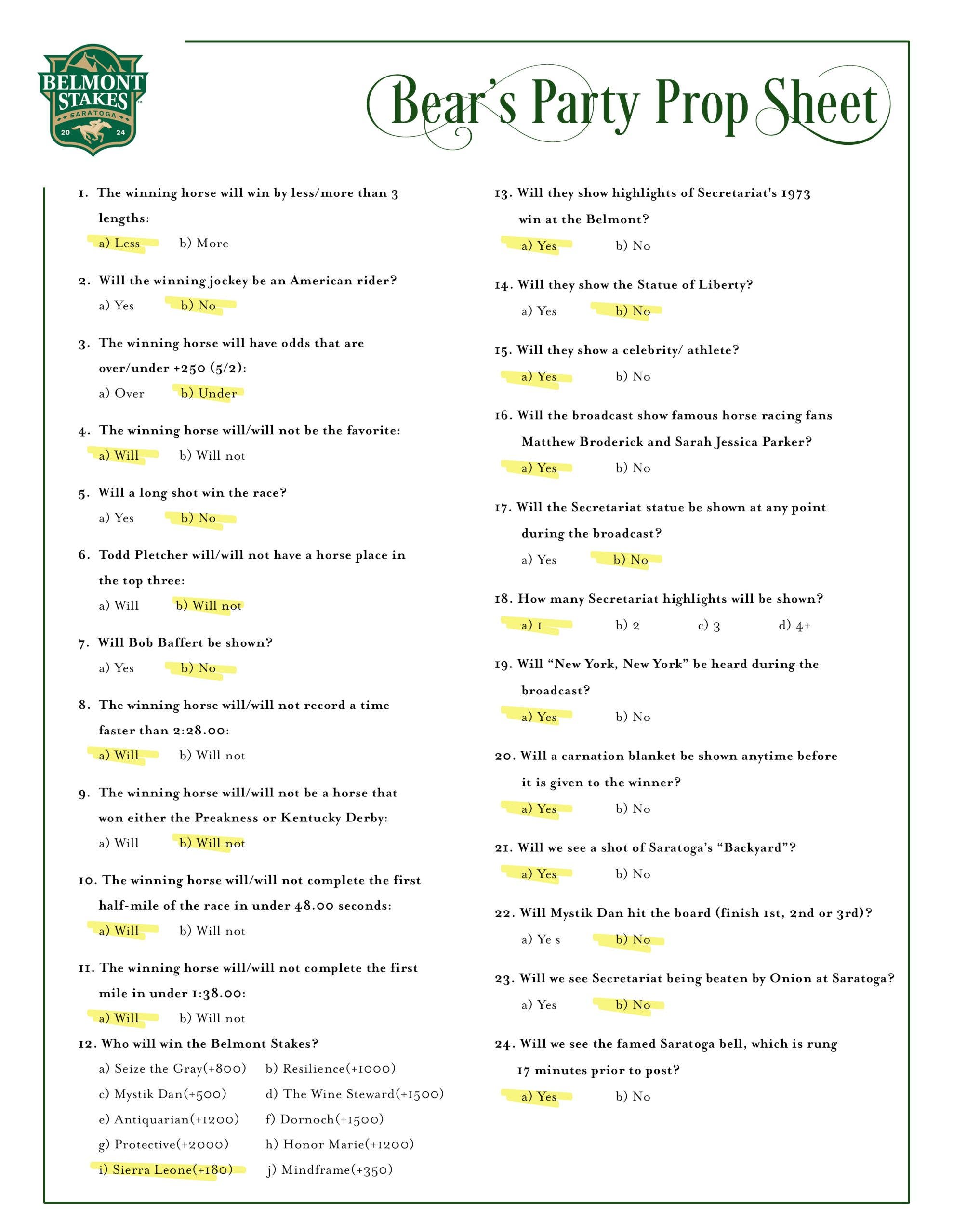 Prop Sheet Examples 2024 Belmont Stakes: Chris 'The Bear' Fallica's Party Prop Sheet | FOX ...