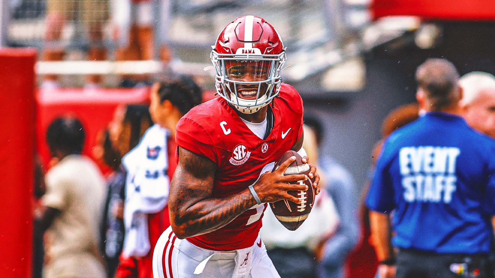Jalen Milroe has made strides in Kalen DeBoer's offense, but he is currently more of a thrower than a refined passer. (Getty Images)