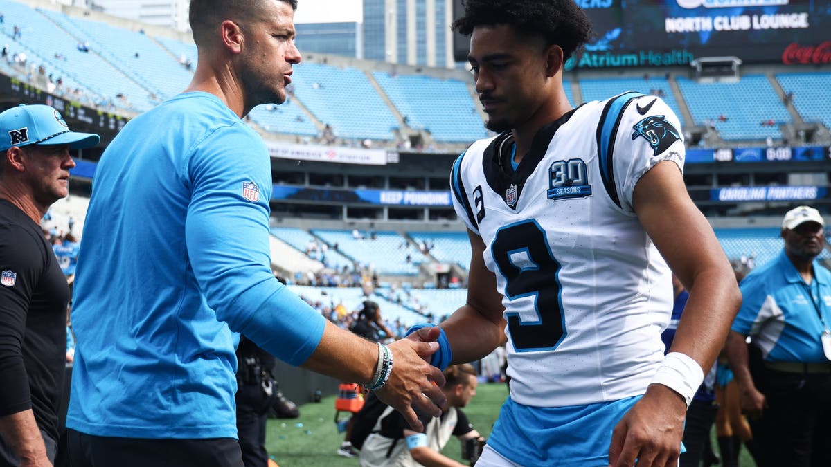Panthers coach Dave Canales and QB Bryce Young after losing to the Chargers in Week 2. (Photo by Jared C. Tilton/Getty Images)