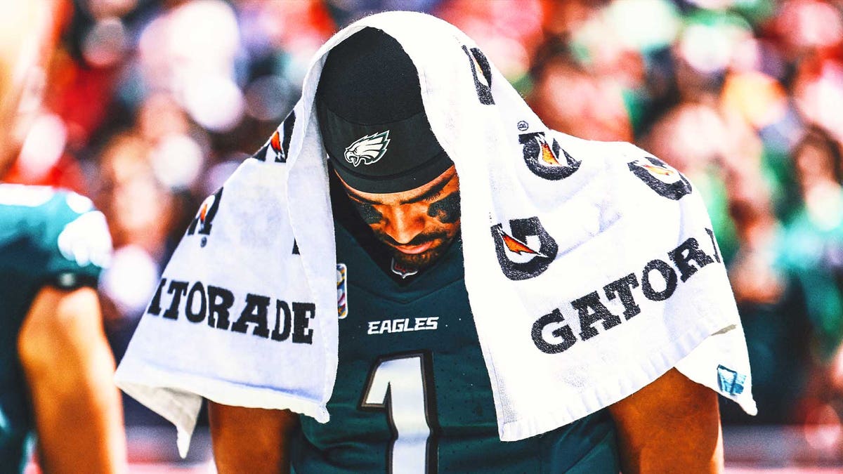 The heat in the wake of Hurricane Helene took its toll on players like Jalen Hurts on Sunday. (Photo by Kevin Sabitus/Getty Images)