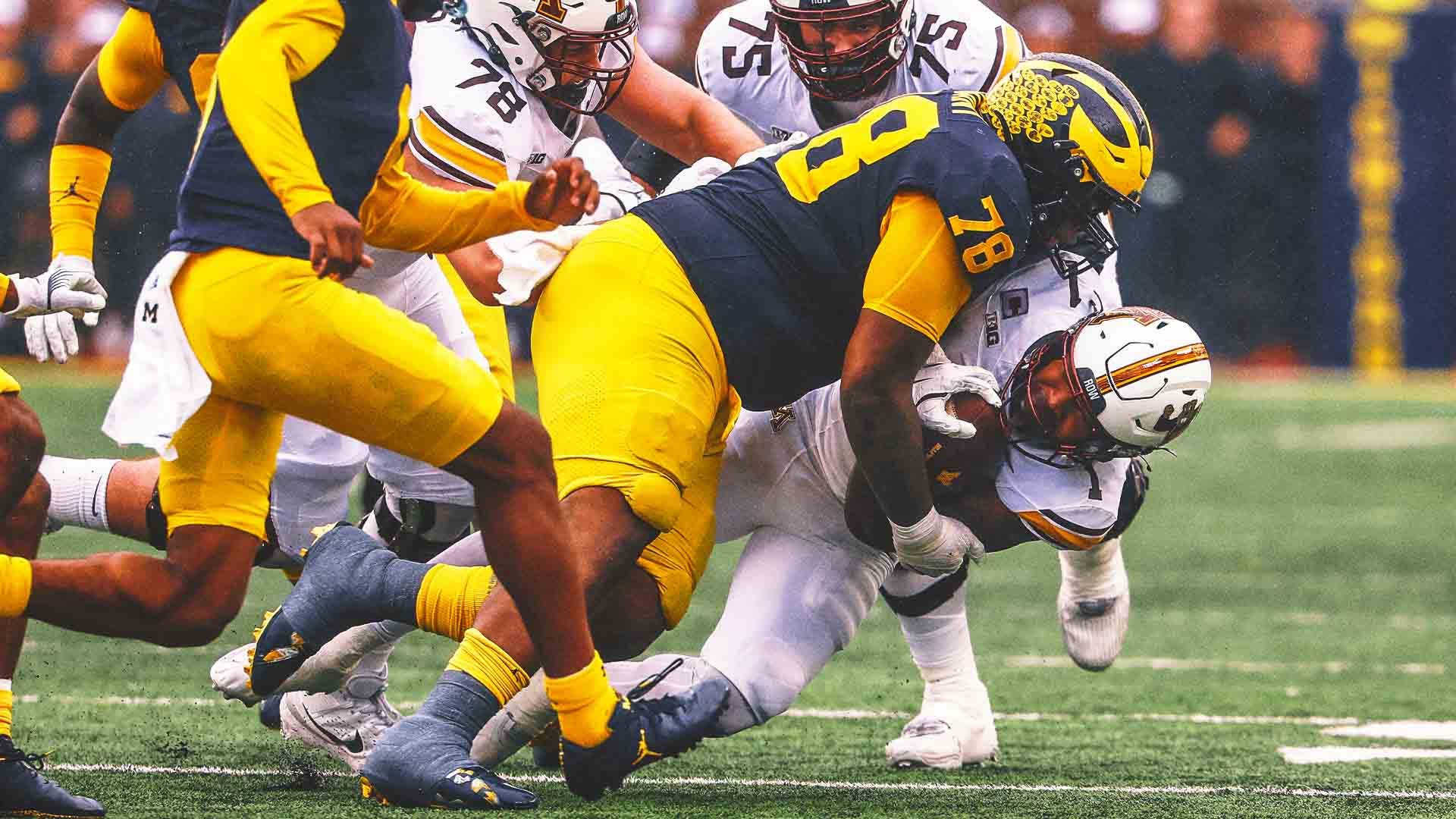 Kenneth Grant has the bulk to excel at nose guard in Mike Macdonald’s defense — just as he did when Macdonald was coaching at Michigan. (Getty Images)