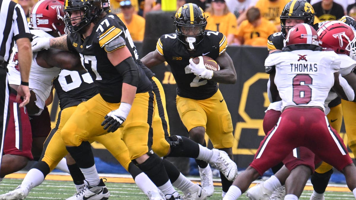 Iowa RB Kaleb Johnson has 82 carries for 685 yards and nine touchdowns this season. (Photo by Keith Gillett/IconSportswire)