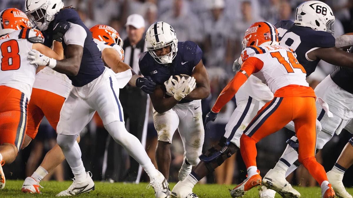 Penn State RB Nicholas Singleton headlines a rushing attack that ranks ninth nationally and first in the Big Ten with more than 250 yards per game this season. (Photo by Gregory Fisher/Icon Sportswire via Getty Images)