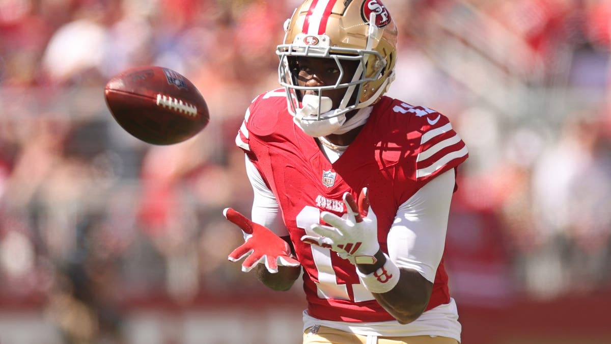 Brandon Aiyuk has yet to haul in a TD this season for the 49ers. (Photo by Ezra Shaw/Getty Images)
