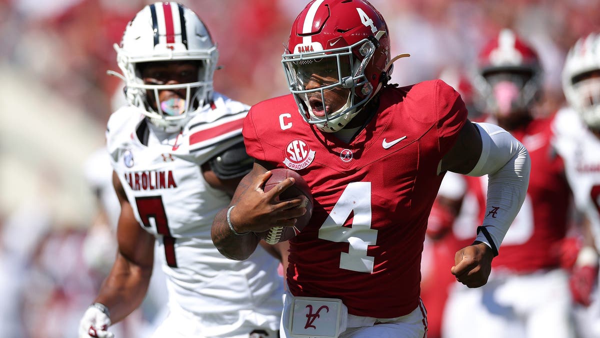 Jalen Milroe was on the move often in Alabama's win over South Carolina, rushing for two touchdowns. 