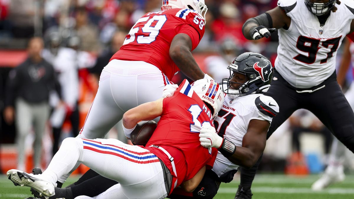 Texans edge rusher Will Anderson Jr. took down Drake Maye three times in their win over the Patriots. (Photo by Maddie Meyer/Getty Images)
