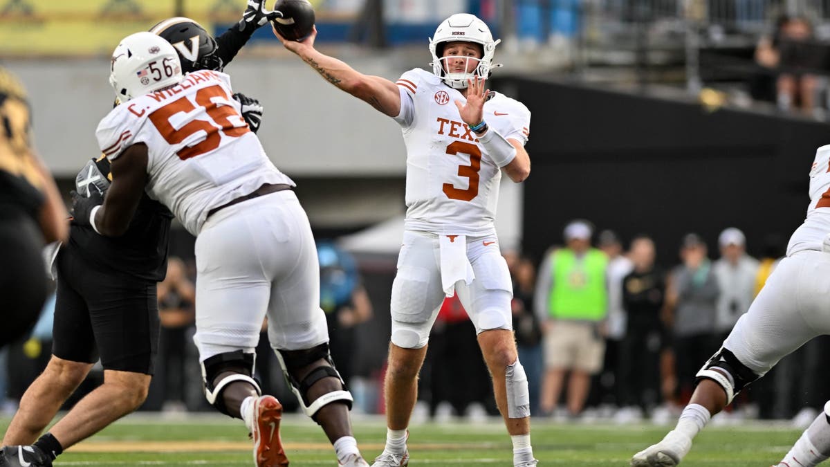 Texas QB Quinn Ewers completed 17 straight passes at one point in its win over Vanderbilt, but also had two interceptions in Saturday's game. (Photo by Carly Mackler/Getty Images)