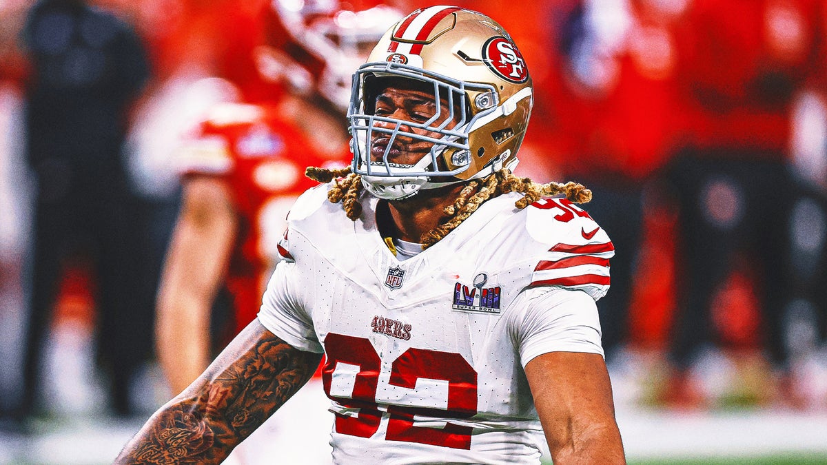 Chase Young sacked Patrick Mahomes in Super Bowl LVIII while with the 49ers. (Photo by Harry How/Getty Images)