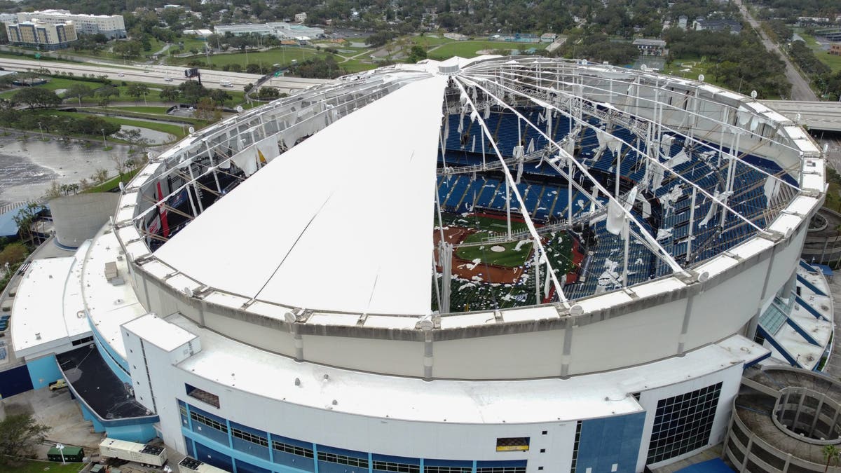 Hurricane Milton damaged the roof at Tropicana Field in October. (Photo by Bryan R. SMITH / AFP) (Photo by BRYAN R. SMITH/AFP via Getty Images)