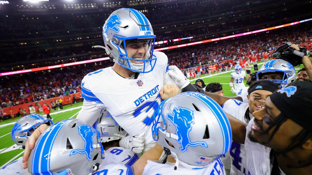 Lions kicker Jake Bates squeaked in a 58-yard field goal and a 52-yard field goal in the final minutes of their comeback win over the Texans. (Photo by Alex Slitz/Getty Images)