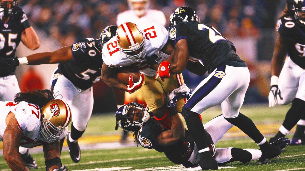 The Ravens held Frank Gore (21) to 39 yards on 14 carries. (Photo by Michael Zagaris/San Francisco 49ers/Getty Images)