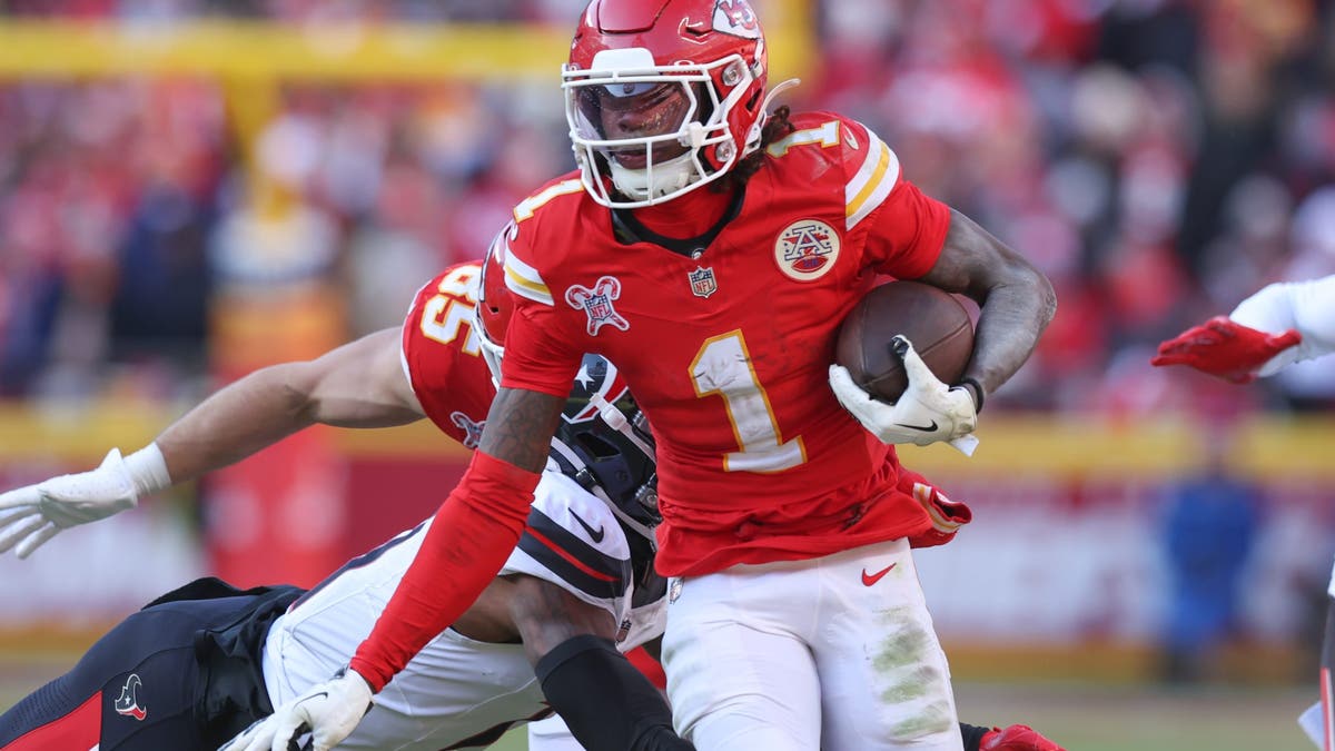 Xavier Worthy arguably had the best game of his career in the Chiefs' win over the Texans, recording seven receptions for 65 yards and a touchdown. (Photo by Scott Winters/Icon Sportswire via Getty Images)
