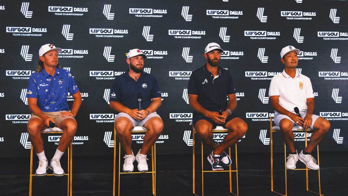 Cameron Smith (Ripper GC), Tyrrell Hatton (Legion XIII), Dustin Johnson (4Aces GC) and Kevin Na (Iron Heads GC) at LIV Golf Team Championship Dallas. (Photo by Katelyn Mulcahy/LIV Golf)