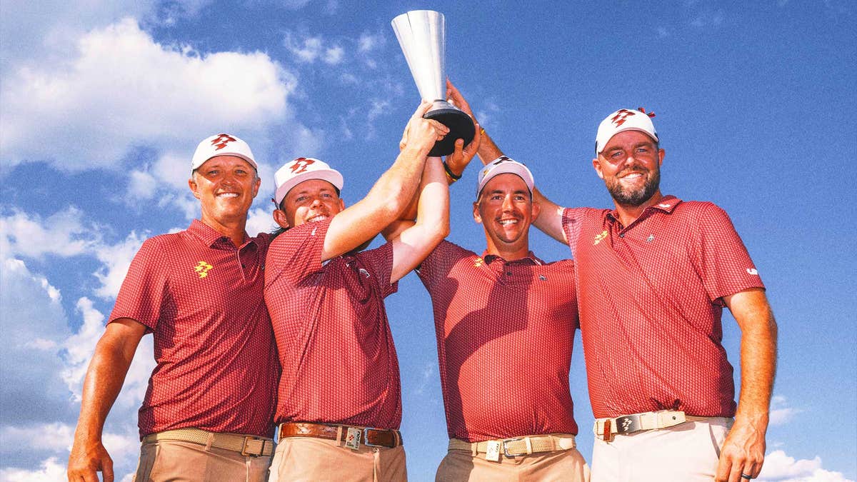 <i>LIV Golf Team Champions of Ripper GC: Matt Jones, Cameron Smith, Marc Leishman and Lucas Herbert raise the 2024 championship trophy. (Photo by Charles Laberge/LIV Golf)</i>