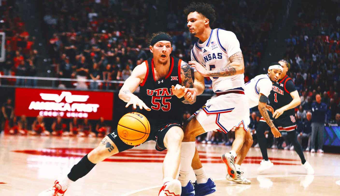 Gabe Madsen of Utah defeats reeling Kansas 74-67, setting a program 3-point record.