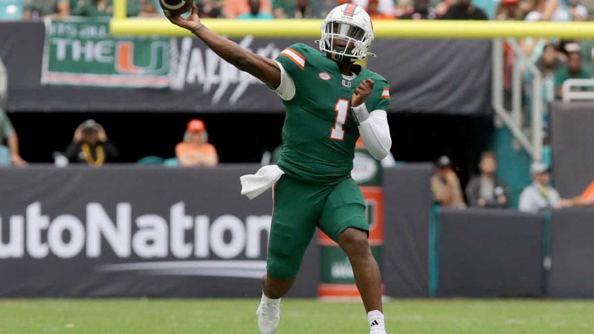 At Miami, Ward set single-season program records for passing yards (4,313) and touchdowns (39) en route to winning the 2024 Davey O’Brien Award, given annually to the best quarterback in college football. (Photo by Leonardo Fernandez/Getty Images)