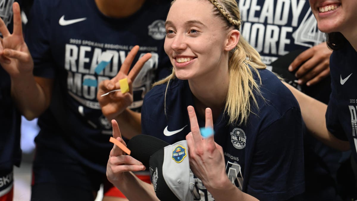 UConn star Paige Bueckers made program history in its Sweet 16 win over Oklahoma, scoring 40 points. That's the most ever in an NCAA Tournament game by a UConn player. (Photo by Myk Crawford/NCAA Photos via Getty Images)