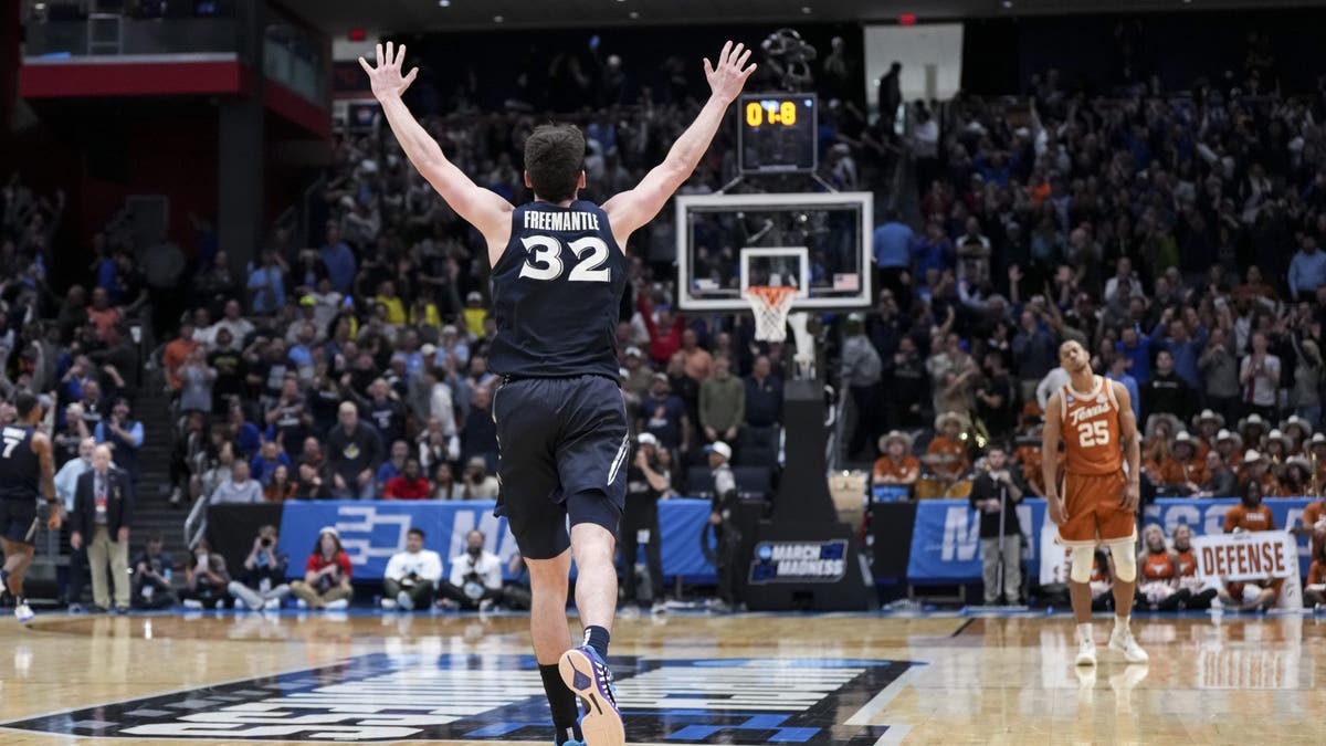 Zach Freemantle of the Xavier Musketeers celebrates as the clock runs out against the Texas Longhorns during the First Four round of the 2025 NCAA Men's Basketball Tournament. (Photo by Grace Bradley/NCAA Photos via Getty Images)