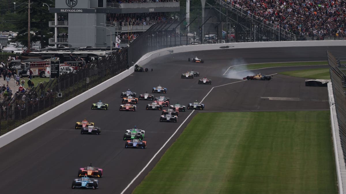Kyle Larson crashes along with Sting Ray Robb during the Indy 500. (Photo by Brandon Badraoui/Lumen via Getty Images)