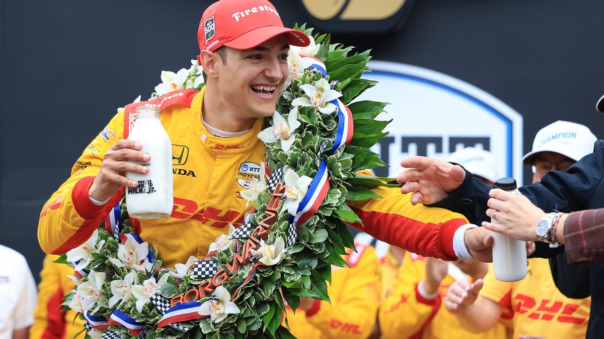 Alex Palou celebrates in Victory Circle after winning the NTT IndyCar Series109th Running Of The Indianapolis 500 at Indianapolis Motor Speedway. (Photo by Justin Casterline/Getty Images)