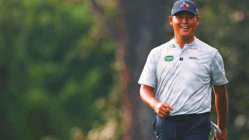 Next trend picture: Si Woo Kim Hits and then celebrates the longest hole-in-one in the great championship history