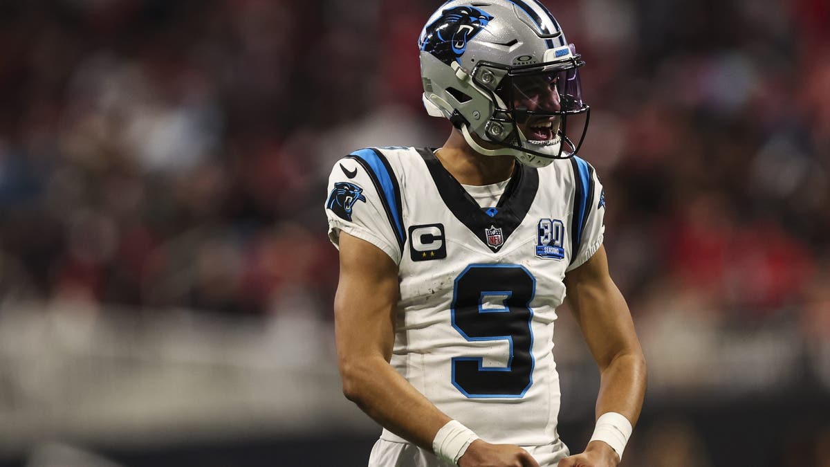 Bryce Young #9 of the Carolina Panthers celebrates during an NFL football game against the Atlanta Falcons at Mercedes-Benz Stadium on January 5, 2025 in Atlanta, Georgia. (Photo by Perry Knotts/Getty Images)