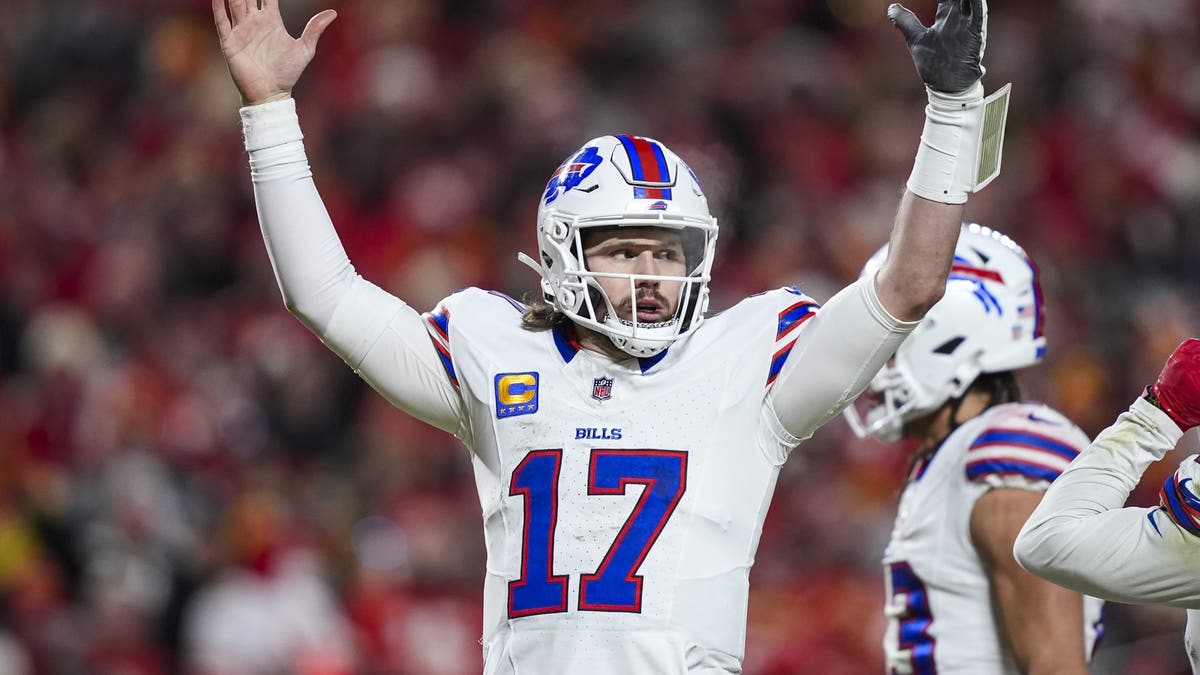 Josh Allen #17 of the Buffalo Bills celebrates during the AFC Championship NFL football game against the Kansas City Chiefs at GEHA Field at Arrowhead Stadium on January 26, 2025 in Kansas City, Missouri. (Photo by Perry Knotts/Getty Images)